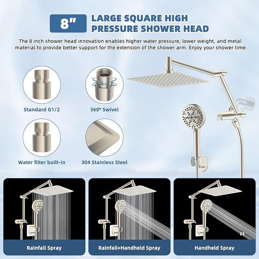 Metal Rain Shower Head with Handheld, 8” High-Pressure Showerhead,10-Mode | Brushed Nickel, Rainfall Shower Head with 5" Large Handheld, Adjustable 16" Shower Extension Arm/71" Hose, 3-Way Diverter