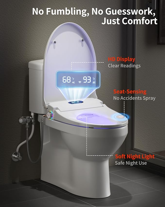 Rainsworth Smart Bidet Seat with Remote Control for Elongated Toilets | Dual User Memory, External Filter, Instant Heated Seat, Auto-Dry, Adjustable Setting, Stainless Nozzles, Intuitive Control