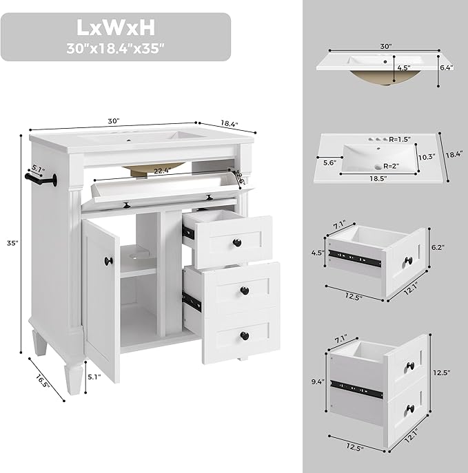 LIKIMIO 30 Inch Bathroom Vanity with Sink, Towel Holder & Adjustable Solid Wood Legs for Uneven Floor, Modern Bathroom Storage Cabinet with Tip-Out Drawer, 2 Drawers & Adjustable Shelf, White