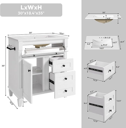 LIKIMIO 30 Inch Bathroom Vanity with Sink, Towel Holder & Adjustable Solid Wood Legs for Uneven Floor, Modern Bathroom Storage Cabinet with Tip-Out Drawer, 2 Drawers & Adjustable Shelf, White