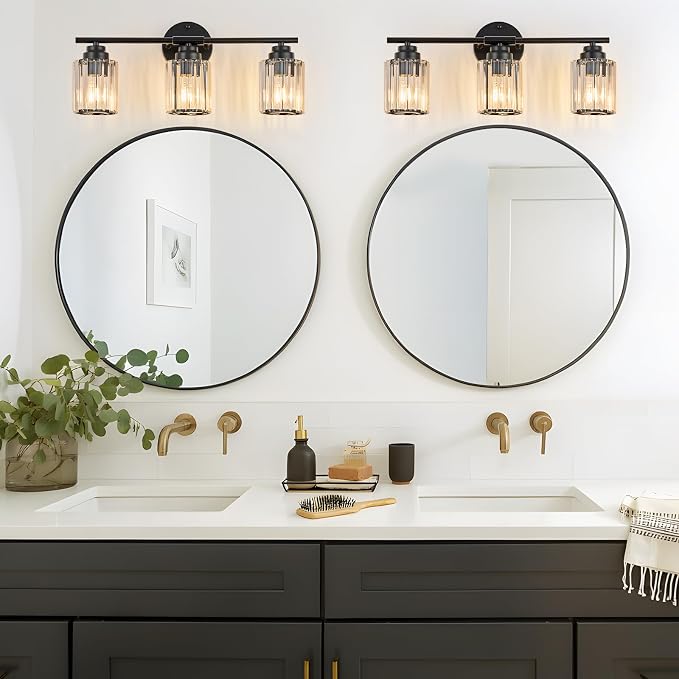 3-Light Black Bathroom Light Fixture, Modern 20.9" Bathroom Vanity Light, Vanity Light with Clear Crystal Shades, E26 Base Wall Sconces Over Mirror for Bathroom, Bedroom, Hallway