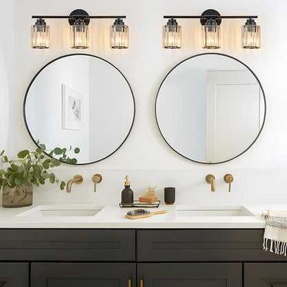 3-Light Black Bathroom Light Fixture, Modern 20.9" Bathroom Vanity Light, Vanity Light with Clear Crystal Shades, E26 Base Wall Sconces Over Mirror for Bathroom, Bedroom, Hallway