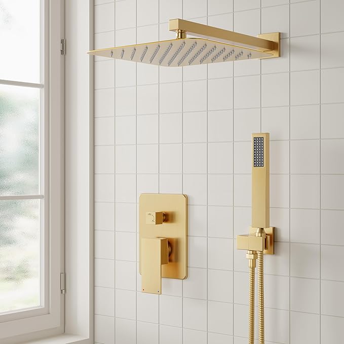 ESNBIA Gold Shower System, 12 Inches Shower faucet Set with Pressure Balance Shower Valve, High Pressure Gold Shower Head and Handle Set, Wall Mounted Shower Fixtures, Brushed Gold