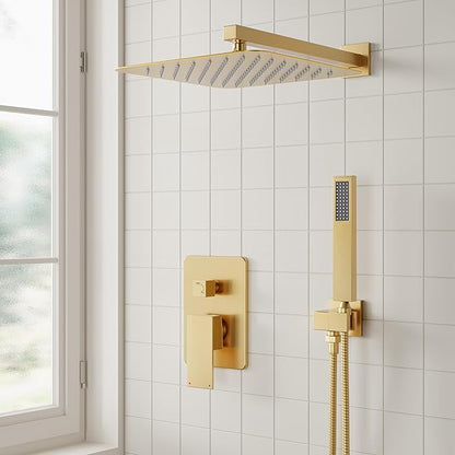 ESNBIA Gold Shower Head, Rainfall Shower System with 10 Inches Rain Shower Head, All Metal Shower Faucet Set with Shower Valve, Wall Mounted Shower Fixtures, Brushed Gold