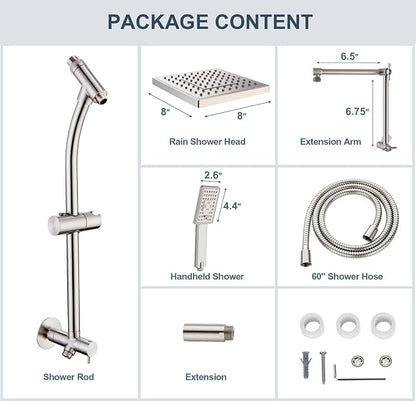 BRIGHT SHOWERS Rain Shower Heads System, Rainfall Shower Head with Handheld Spray Combo Includes Solid Brass Slide Bar, Height Adjustable Holder, Shower Extension Arm and 60" Long Hose, Brushed Nickel