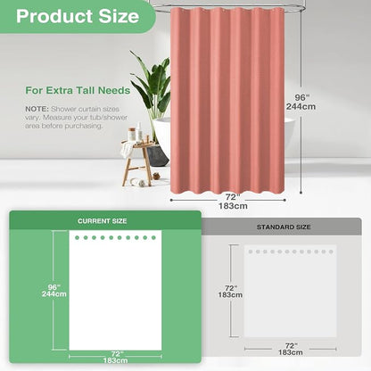 Extra Long Waffle Shower Curtain 256 GSM Fabric 72x96 Coral | 96 Inch Tall, Thick Cloth, Weighted Hem, Water Repellent, Hotel Luxury Polyester Shower Curtain Set for Bathroom 12 Hooks