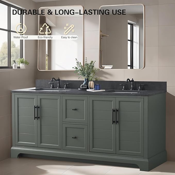 HOMEBEYOND 72 Inch Bathroom Vanity with Double Sink & Ceramic Top, Vanity Cabinet with Center Countertop Basin, Soft-Closing Doors, Backsplash, Vintage Green