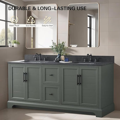 HOMEBEYOND 72 Inch Bathroom Vanity with Double Sink & Ceramic Top, Vanity Cabinet with Center Countertop Basin, Soft-Closing Doors, Backsplash, Vintage Green