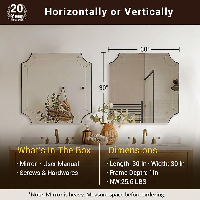 30"x30" Square Bathroom Mirror, Gold Vanity Mirrors for Over Sink, Gold Scalloped Mirror with Glass Pieces, Brass Mirror with Designer-Crafted Notched Corners, Ideal for Home Remodel