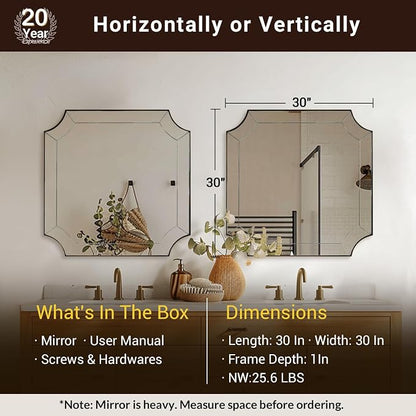 30"x30" Square Bathroom Mirror, Gold Vanity Mirrors for Over Sink, Gold Scalloped Mirror with Glass Pieces, Brass Mirror with Designer-Crafted Notched Corners, Ideal for Home Remodel
