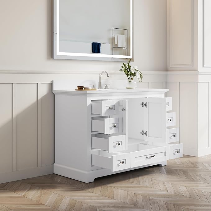 WELLFOR 48" Bathroom Vanity with Sink, Bathroom Freestanding Vanity W/ 2 Soft-Close Doors and 9 Soft-Close Drawers, Bathroom Cabinet Vanity with Engineered Stone Countertop, White