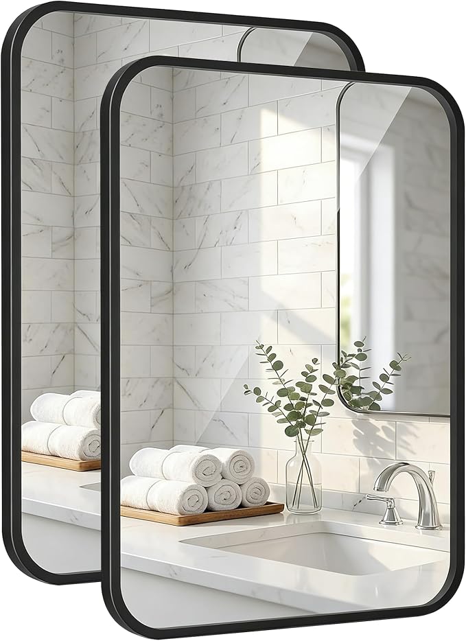 2-Pack 22x30 Inch Matte Black Rounded Rectangle Vanity Mirrors | Double Vanity or Two Bathrooms, Pair or Separate Use, Iron Frame, Layered Shadow Box Look, Two-Way Mount