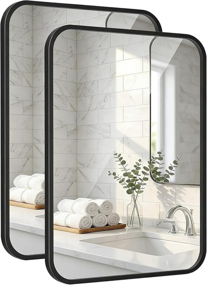 2-Pack 22x30 Inch Matte Black Rounded Rectangle Vanity Mirrors | Double Vanity or Two Bathrooms, Pair or Separate Use, Iron Frame, Layered Shadow Box Look, Two-Way Mount
