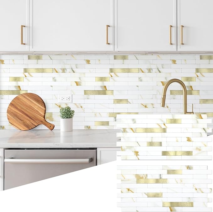 Yipscazo 20 Sheets Peel and Stick Stone Metal Backsplash, PVC Wall Tiles Stick on Tiles for Backsplash Kitchen, Bathroom, Fireplace (6'' X 12'', Calar Golden)