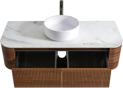 48" Preassembled Floating Bathroom Vanity with Round Sink, Walnut | Mid-Century Modern Style, Fluted & Soft-Close Drawer with U-shaped Wall, Sinterted Stone Countertop, Towel Rack Included