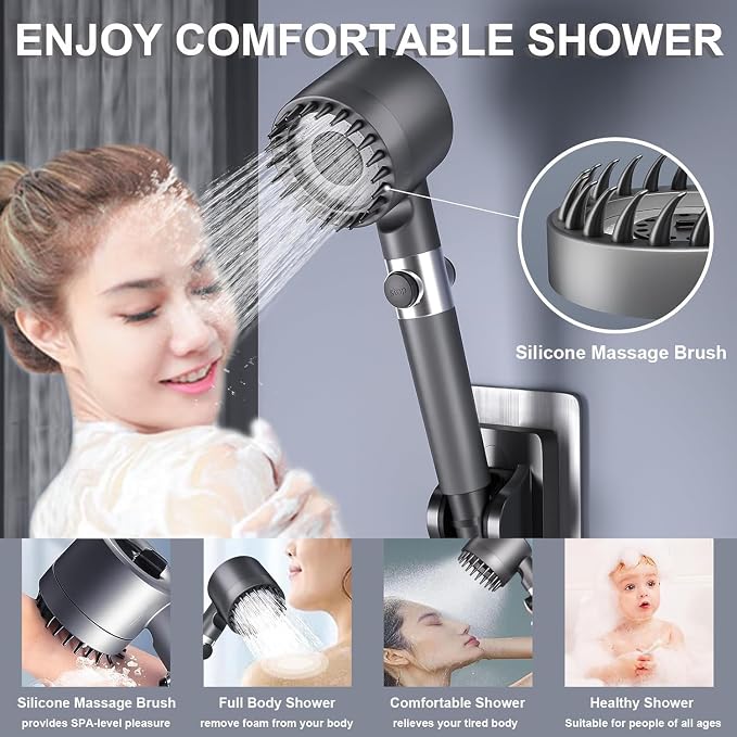 Shower Head, Shower Head High Pressure, Showerhead with Handheld and 3 Filters, 4 Spray Modes & Pause Switch, Silicone Scalp Massager, 59" Hose & Bracket for Hard Water & Pets