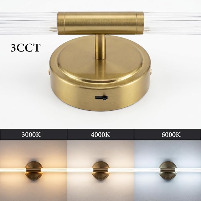 URSOLA 24" Modern LED Bathroom Light Fixtures, Golden 3CCT Dimmable Bathroom Vanity Light Over Mirror, Bathroom Vanity Bath Bar Lights with 360° Removable Acrylic Light Tube