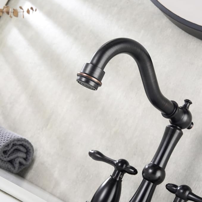 Oil Rubbed Bronze Antique Bathroom Faucet 2 Hole, Stainless Steel Centerset 4 inch Bathroom Faucet 2 Handle with Drain and Supply Hose, Brushed Bronze Faucet for Bathroom Sink