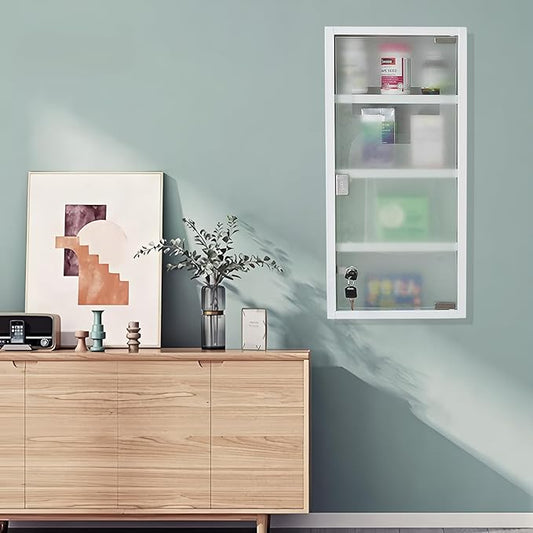 Locking Stainless Steel Medicine Cabinet, 4 Tier Wall Mounted Storage Cabinet, Durable Stainless Steel, Surface or Flush Mount, Ideal for Home, Office or First Aid, 10.6 * 4.7 * 22.4