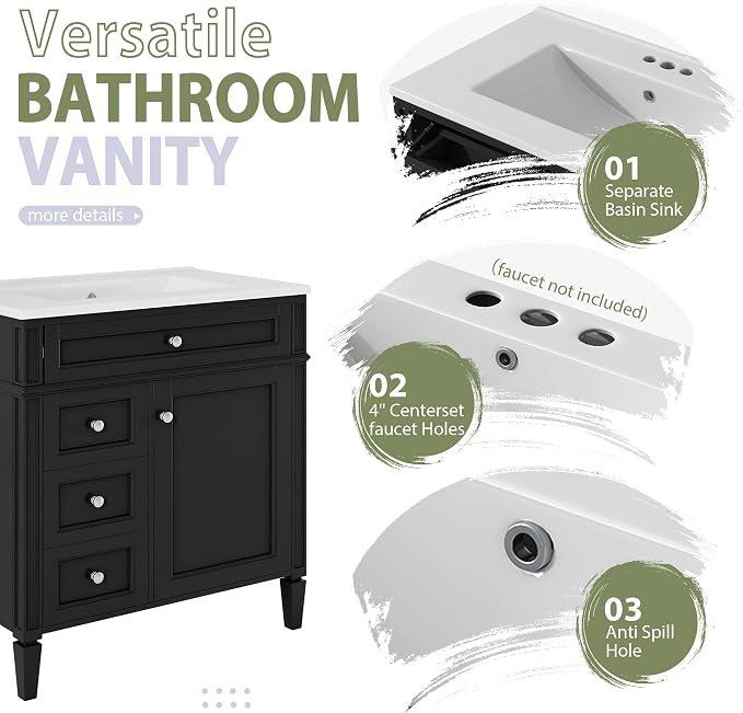 Merax 30 Inch Bathroom Vanity with Sink Set, Modern Bathroom Vanity Storage Cabinet with Matching Mirror Medicine Cabinet, Solid Wood Frame，Painted Finish, 2 Drawers and 1 Tip-Out Drawer, Black