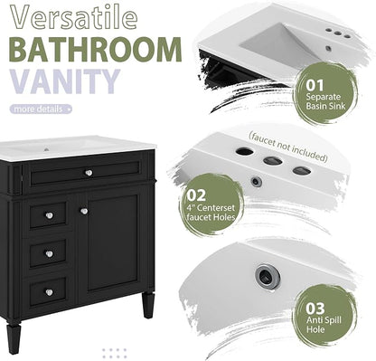 Merax 30 Inch Bathroom Vanity with Sink Set, Modern Bathroom Vanity Storage Cabinet with Matching Mirror Medicine Cabinet, Solid Wood Frame，Painted Finish, 2 Drawers and 1 Tip-Out Drawer, Black