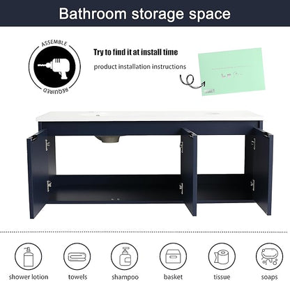 Malwee 48 Inch Floating Bathroom Vanity with Sink, 48'' Single Sink Wall Mounted Bathroom Vanity Como, with 3 Soft Close Doors and White Waterdrop Gel Coat Basin Top, Navy Blue (05848)