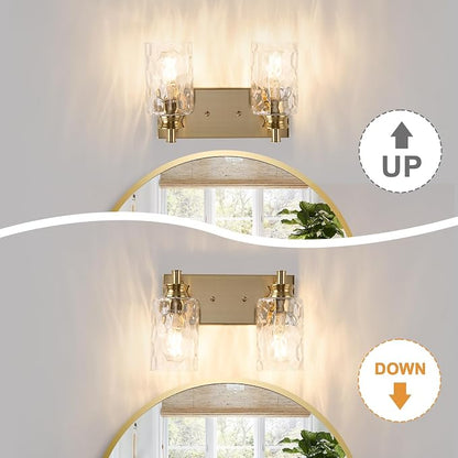 2 Light Bathroom Vanity Light Modern Brushed Gold Bathroom Light Fixtures Over Mirror with Hammered Glass Lampshade for Kitchen Hallway