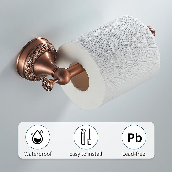 Red Copper Bath Roll Toilet Paper Holder, Wall Mounted Red Bathroom Hardware Accessories, Pattern Carving Design, PBR-4386Z