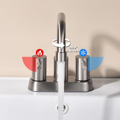 Brushed Nickel Bathroom Sink Faucet 2 Handle, 2 or 3 Hole 4 Inch Centerset Stainless Steel Bathroom Faucets with Pop up Drain, Vanity Faucet for Bathroom, Restroom, Rv, AML-21751-BN