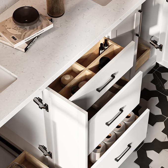 ARIEL Loren 72-inch Bathroom Vanity with Sink,Solid Wood, 1.5-inch Carrara White Quartz Countertop, Double Rectangular Porcelain Sink, 4 Soft Closing Doors, 3 Dovetail Drawers, White