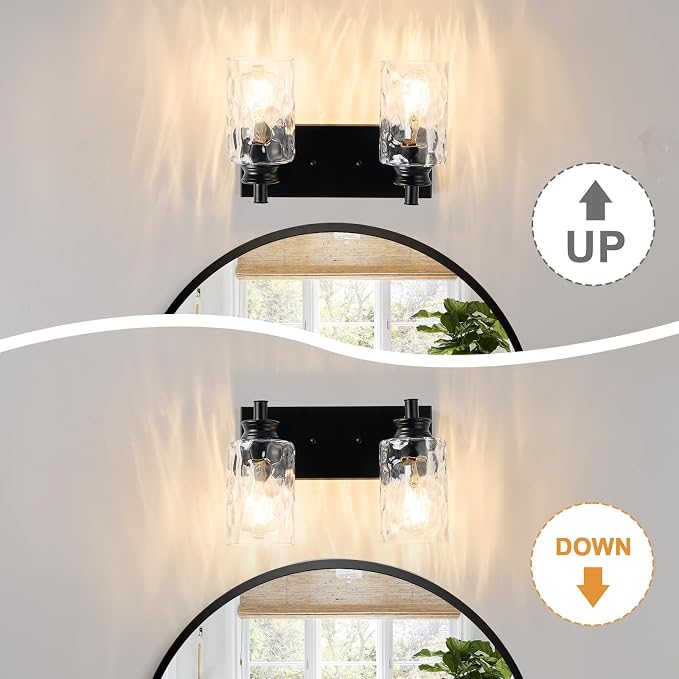 2 Light Bathroom Vanity Light Modern Black Bathroom Light Fixtures Over Mirror with Hammered Glass Lampshade for Kitchen Hallway