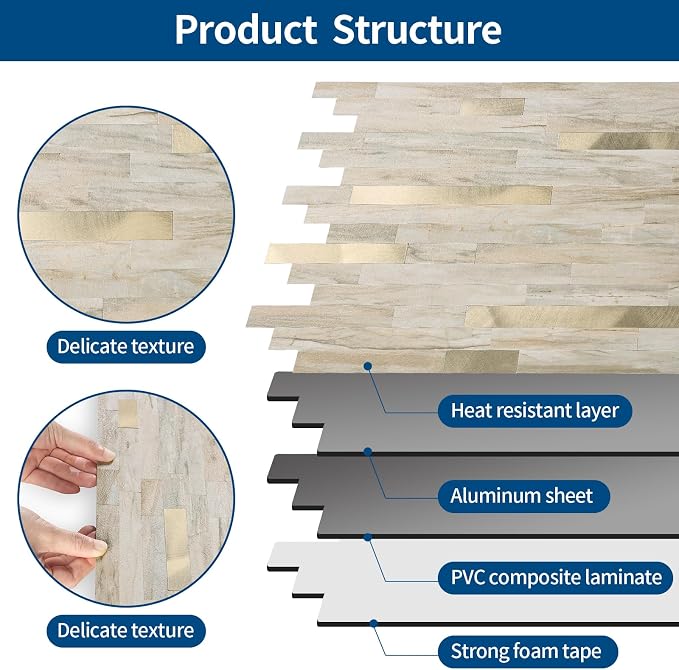 Yipscazo 10 Sheets Peel and Stick Stone Metal Tile Backsplash, Stick on Tiles for Backsplash Kitchen, Bathroom, Laundry Room, Camper, Fireplace (12'' X 12'', Beige Stone with Gold)