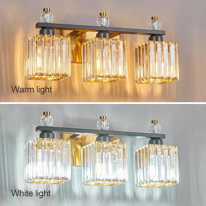 3-Light Modern Crystal Vanity Light - Black Gold Bathroom Light Fixtures Over Mirror