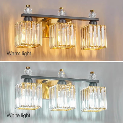 3-Light Modern Crystal Vanity Light - Black Gold Bathroom Light Fixtures Over Mirror