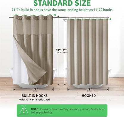 eachope No Hook Boho Arch Shower Curtain with Snap-in Liner Set,71x74,Tan | 230GSM Thick Fabric,Easy to Install,Sheer Window,Magnetic Weighted Hem,Waterproof & Machine Washable,for Bathroom,Hotel