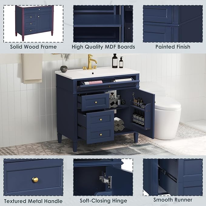 Merax 36 Inch Bathroom Vanity with Top Sink, Modern Bathroom Storage Cabinet with 2 Drawers and a Tip-Out Drawer, Solid Wood Frame Single Sink Bath Vanities, Blue