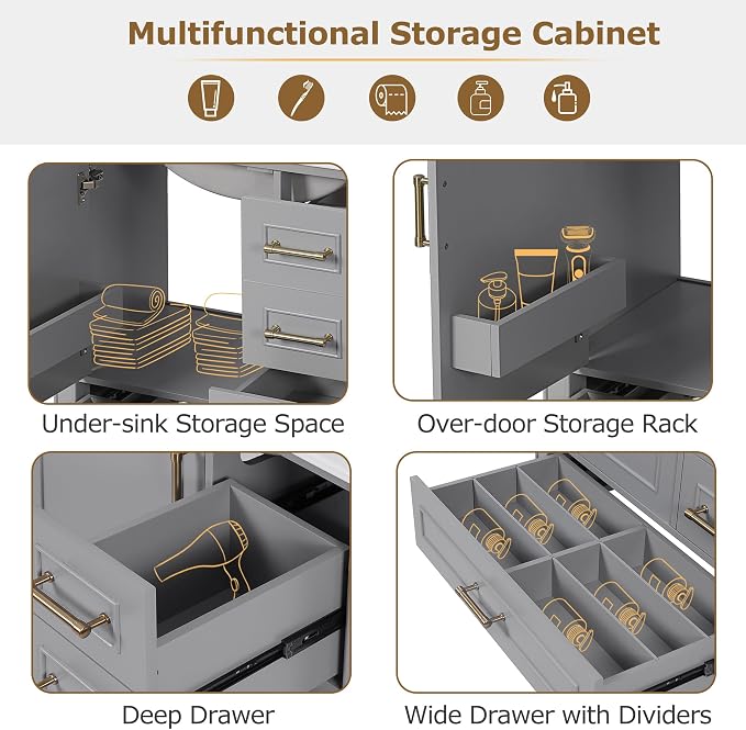 30" Bathroom Vanity with Sink,Free Standing Single Basin Vanity Set w/ 3 Drawers & Soft Closing Door,Solid Wood Frame,Metal Handles,Modern Storage Cabinet for Small Space,Grey