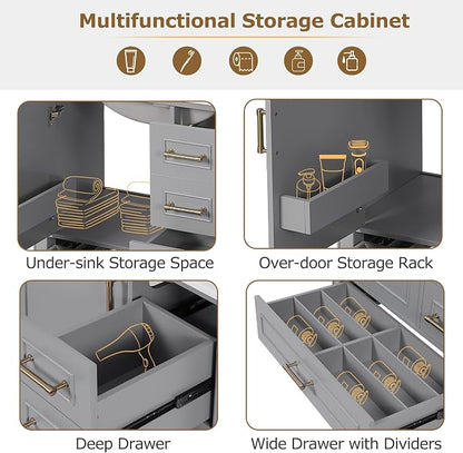 30" Bathroom Vanity with Sink,Free Standing Single Basin Vanity Set w/ 3 Drawers & Soft Closing Door,Solid Wood Frame,Metal Handles,Modern Storage Cabinet for Small Space,Grey