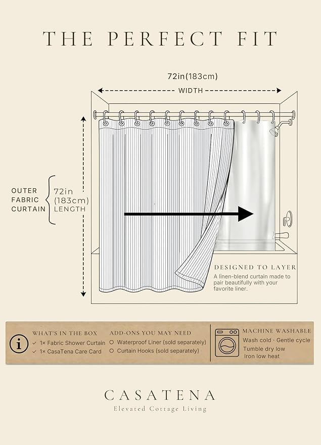 Farmhouse Striped Shower Curtain - 72x72 Inches, Linen Blend Fabric, Breathable & Machine Washable, Rustic Black for Bathroom Decor (Hooks/Liner Not Included)