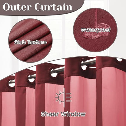 SORTTO No Hook Slub Shower Curtain with Liner, 71x74, Burgundy | Snap in Liner, 3 in 1, Bamboo Texture, Hotel Style, Waterproof Fabric, Mesh Top Window, Corner Magnets, Machine Washable