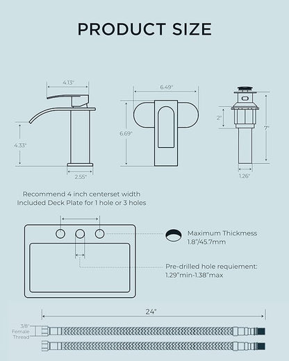FORIOUS Waterfall Matte Black Bathroom Faucet 1 Hole, Single Handle Bathroom Sink Faucets for 1 or 3 Hole with Deck Plate, Metal Pop up Drain, cUPC Hoses for Vanity, Basin, Rv, Lavatory Sink