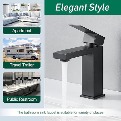 VOTON Bathroom Faucet Matte Black Bathroom Faucet 1 Hole, Stainless Steel Vanity Faucet for Bathroom Sink with Deck Plate Water Supply Hoses