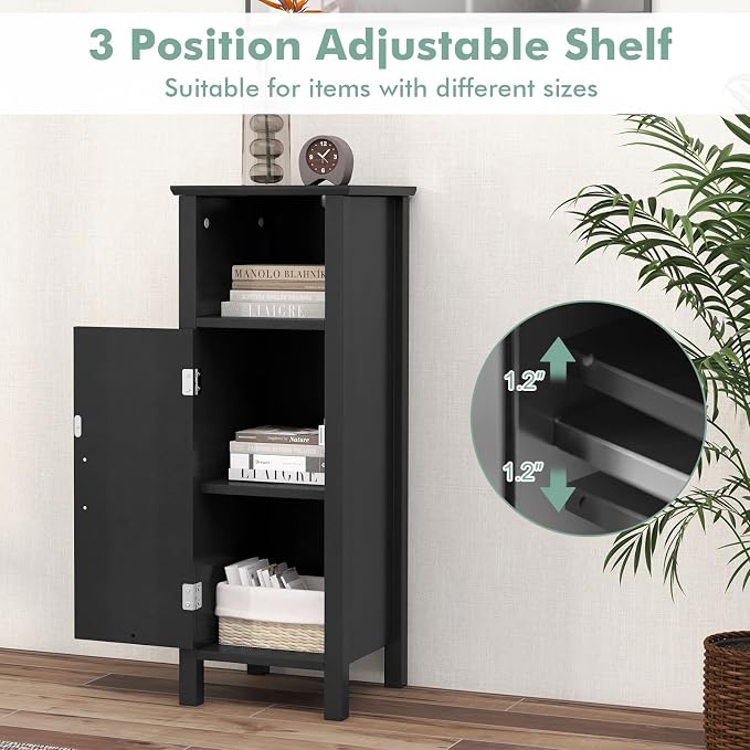 Giantex Narrow Bathroom Storage Cabinet with Adjustable Shelf (Black) | Corner Unit with Open Compartment, Anti-toppling Device, Freestanding Small Storage Organizer for Living Room