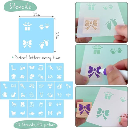 117 Pcs Baby Shower Blocks to Decorate Game Kit Includes 52 Wooden Blocks 24 Markers 1 Game Sign 40 Templates to Paint (Blue Bear)