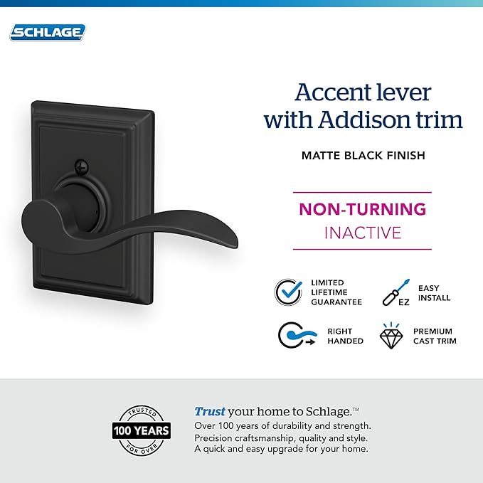 SCHLAGE Accent Lever with Addison Trim Non-Turning Lock in Matte Black - Right Handed - F170 ACC 622 ADD RH