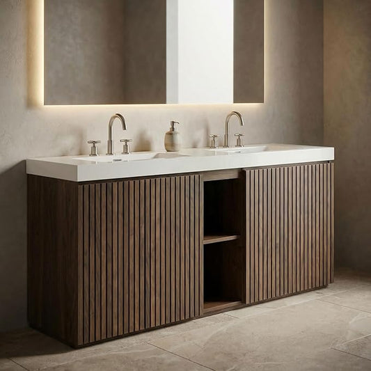 72" Bathroom Vanity with Sink Combo, Mid Century Modern Bathroom Cabinet with 4 Doors & Open Shelf, Glossy White Integrated Sink with Overflow, Brown Walnut