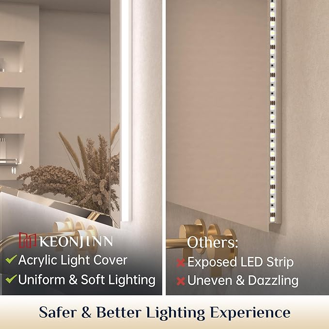 Keonjinn 42" x 36" Backlit Bathroom Mirror with Lights, Safe Tempered Glass | Beveled Edge, 3 Color Lights, Dimmable, Efficient Defogging, French Cleat, Memory Function, Lighted Bathroom Vanity Mirror