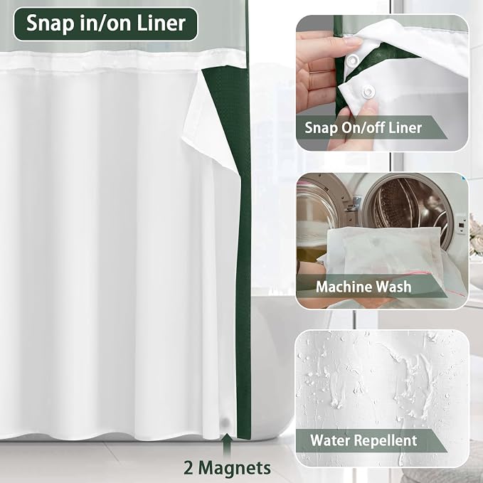 No Hook Shower Curtain and Liner Set,Dark Green Hotel Waffle Shower Curtain with Liner 75" L x 72" W