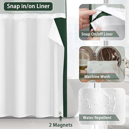 No Hook Shower Curtain and Liner Set,Dark Green Hotel Waffle Shower Curtain with Liner 75" L x 72" W