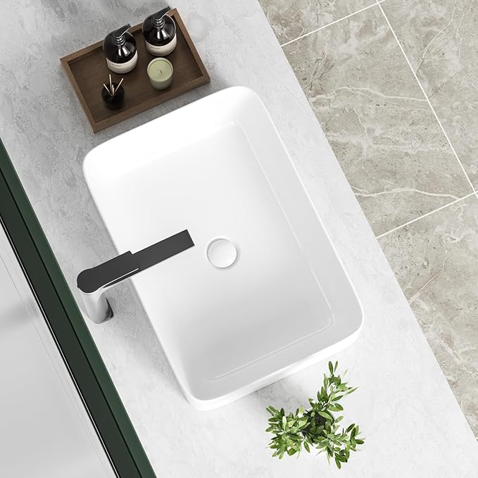 20" x 13.5" Rectangular Vessel Sink for Bathroom - KINGWONG Above Counter White Ceramic Porcelain Vanity Sink, Shallow Depth 4.3", No Overflow Hole, Top Mount Bathroom Basin for Modern Home
